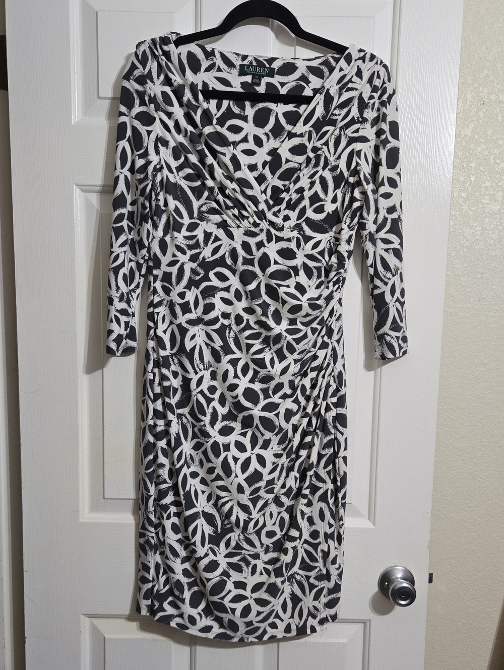 Lauren Ralph Lauren Black and White Ring-Print Long Sleeve Wrap Dress